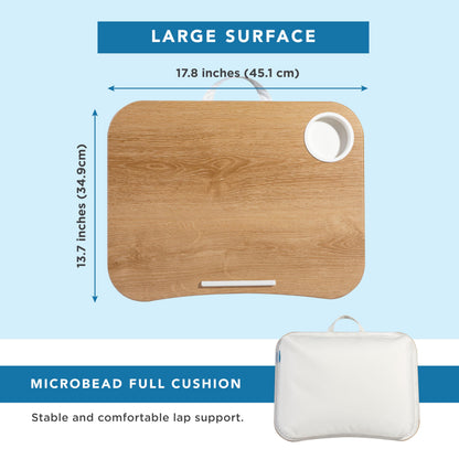 LAPGEAR Cup Holder Lap Desk with Device Ledge - White Oak Woodgrain - Fits up to 14 Inch Laptops - Style No. 46329