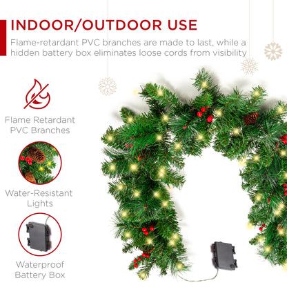 Best Choice Products 9ft Pre-Lit Holiday Pre-Decorated Christmas Garland for Stairs, Fireplace, Decoration w/PVC Tips, 50 Lights, Pine Cones, Berries - Unflocked