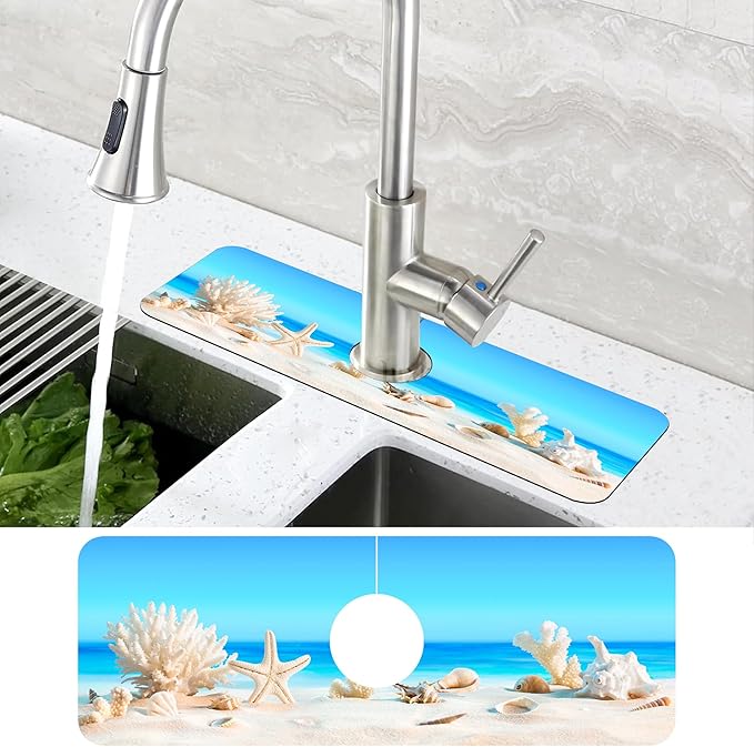 Tropical Beach Seashells Kitchen Sink Splash Guard Absorbent Fast Drying Mat