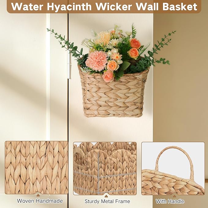 Set of 2 Hanging Basket, Wicker Wall Basket Natural Water Hyacinth, Hanging