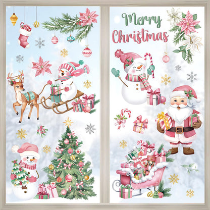 decalmile Christmas Pink Snowman Santa Claus Window Clings Reusable Reindeer Xmas Tree Elk Window Decals Double Side Printed Window Stickers Glass Home Party Supplies Gift Shop Decoration