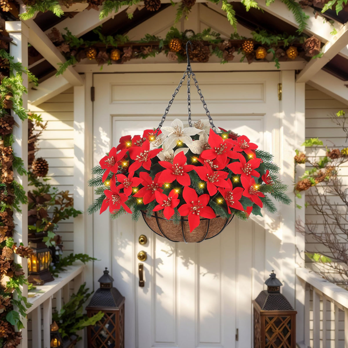 Florielle Artificial Fake Christmas Hanging Flowers Plants Basket with LED Lights, Faux Poinsettia, Pine Branches, for Outdoor New Year Xmas Decoration, Porch Home Holiday Decor (Green Pine Branches)