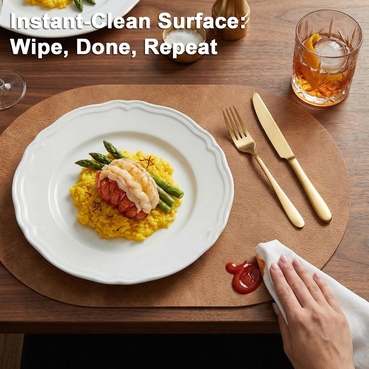 BIPASION Oval Placemats 2mm Ultra Thick Faux Leather Table Mats, Heat Resistant Waterproof Wipeable Dining Mats for Kitchen Table, Set of 8, Light Brown