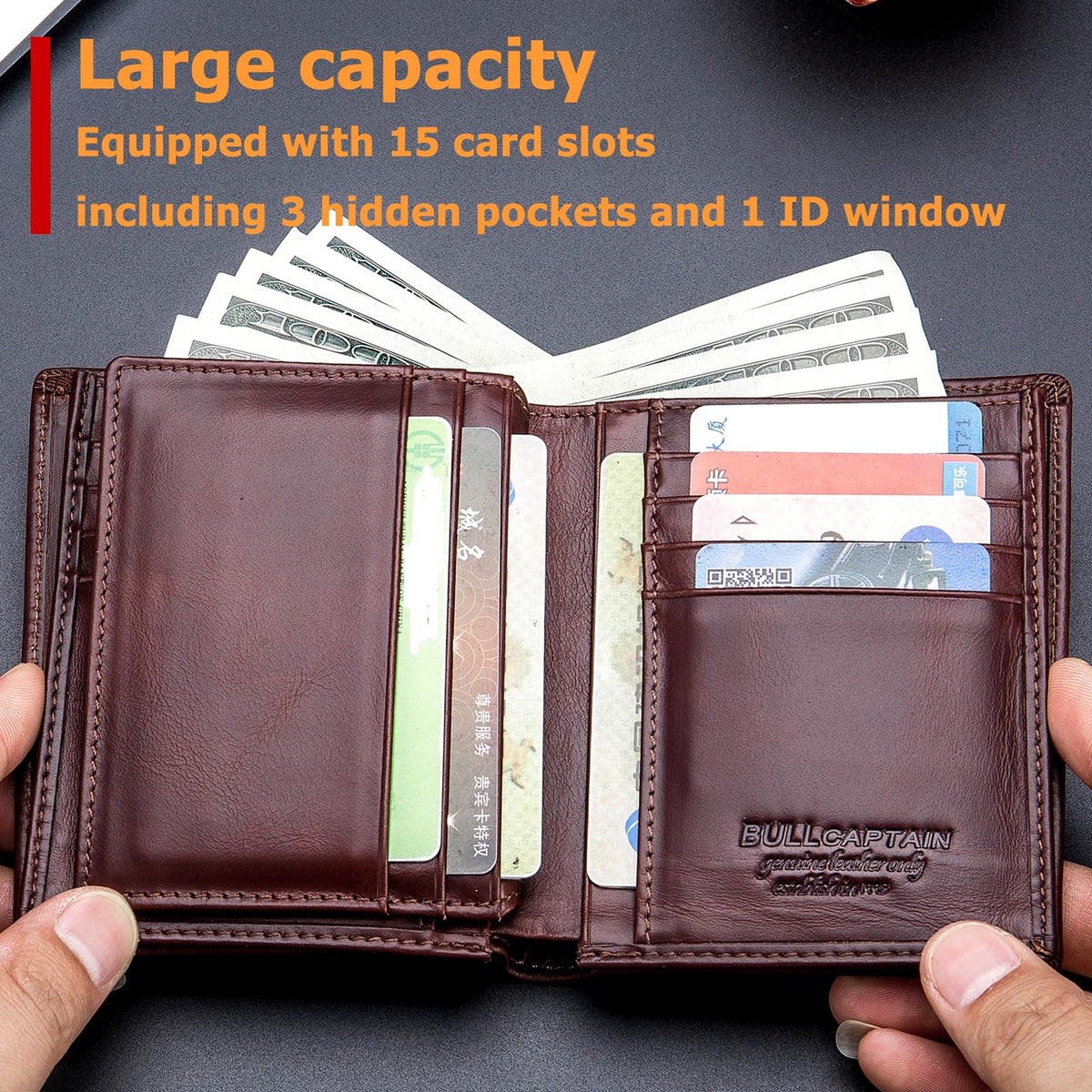 BULLCAPTAIN Large Capacity Genuine Leather Bifold Wallet/Credit Card Holder for Men with 15 Card Slots QB-027 (Brown)