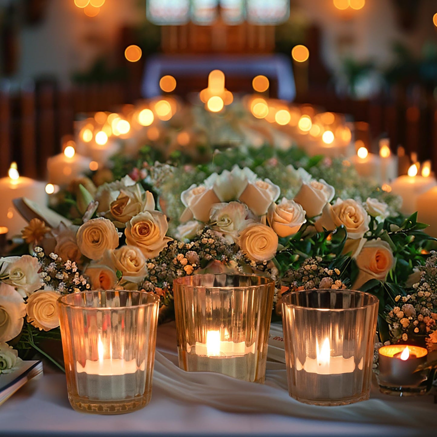 ComSaf Votive Candle Holders, 6 PCS Glass Candle Holders, Ribbed Tealight Candle Holder for Table Centerpieces, Gold Candle Holder for Wedding, Party, Baby Shower, Special Occasions, Fall Home Decor