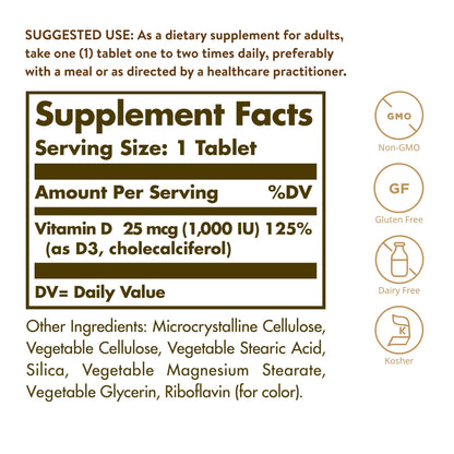 Solgar Vitamin D3 (Cholecalciferol) 1000 IU (25 µg) Tablets - Food Supplement, Pack of 180 Capsules - For Healthy Bones, Teeth and Muscle Function - Supports Immunity - Gluten Free