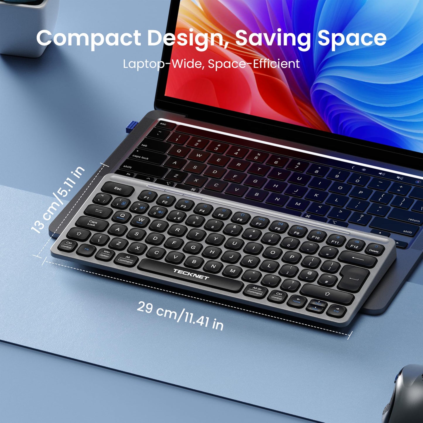 TECKNET Bluetooth Wireless Keyboard - Small Compact Rechargeable 2.4GHz USB Keyboard with 500mAh Battery Capacity for 3 Devices, Widely Compatible with Laptop, PC, UK Layout, Grey