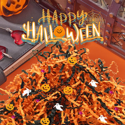 TORONTOKYO 2LB Halloween Black Orange Crinkle Cut Paper with Pumpkin Bat Ghost Witch Star Confetti, Raffia Paper Shredded Paper Filler for Gift Wrapping Craft DIY Basket Filling Party Decoration