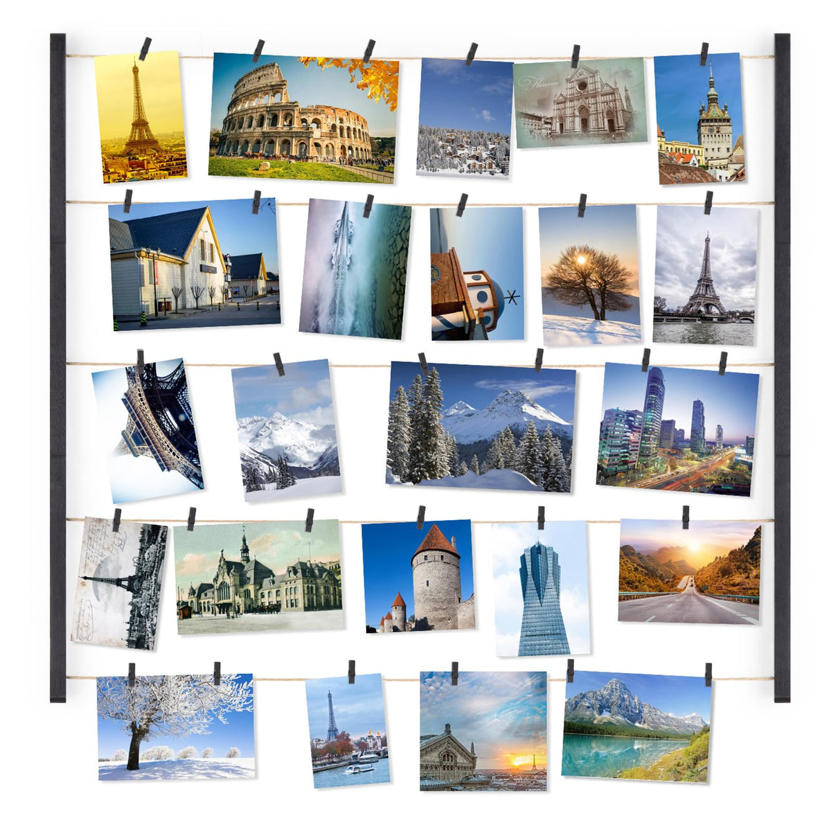 Love-KANKEI Wood Picture Frame Collage Photo Display Frame 26×29 inch with 30 Clips and Adjustable Twines Collage Artworks Prints Pictures Organizer Gift Black