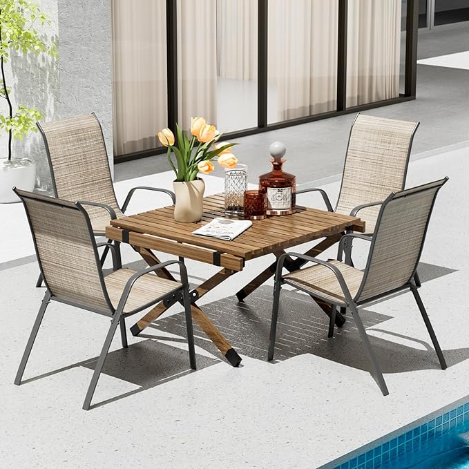 TLSUNNY Patio Chairs, Stackable Textilene Outdoor Dining Furniture for All Weather, with 17.7″ Wide Seat & Metal Frame, for Garden, Backyard, Deck, Restaurant, Poolside (4, Brown, 26.4″)