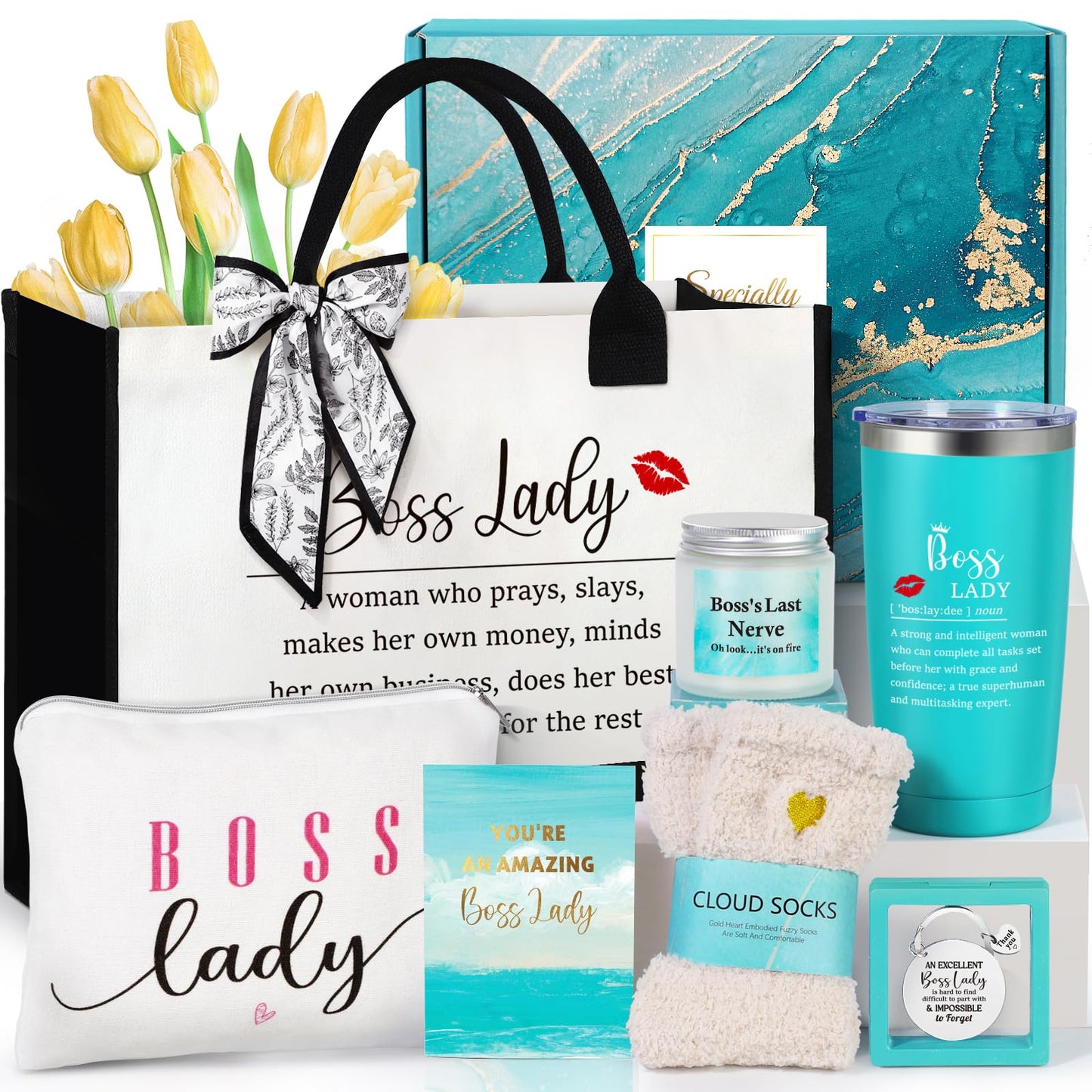 Boss Lady Gifts for Women, Bosses Day Gifts for Women, Best Boss Christmas Gift with Canvas Tote Bag, Funny Cool Box for Bosses Female, Office Leader Appreciation Gift for Birthday Boss's Day