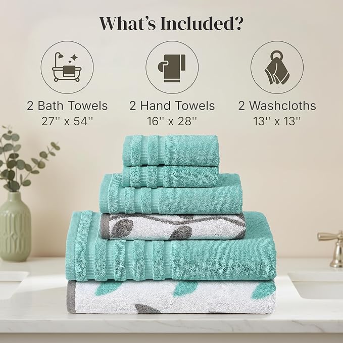 Modern Threads Organic Vines 6-Piece 100% Cotton Towel Set – Yarn Dyed Jacquard