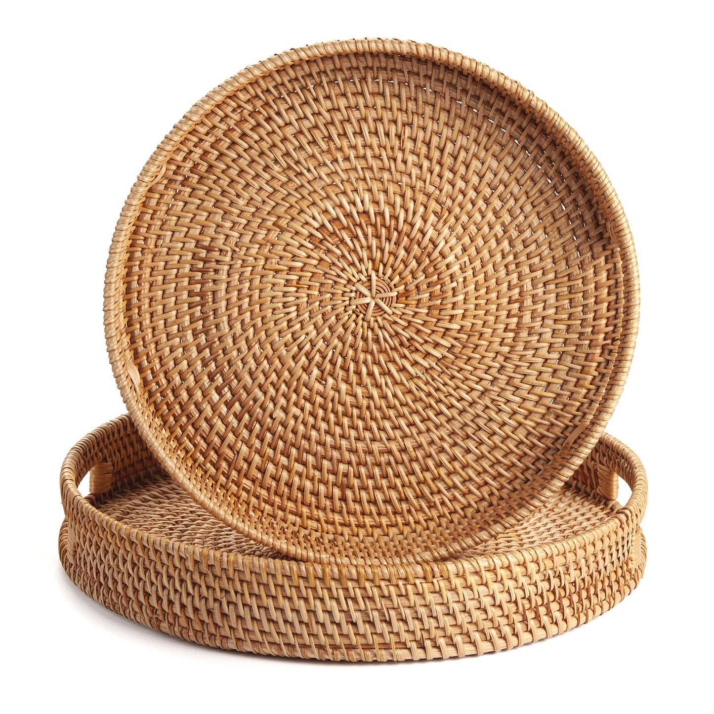 Coffee Table Tray Round Rattan Ottoman Tray Woven Serving Trays with Handles for Home and Kitchen Decorative Natural (Large 14 inch x 2.4 inch)