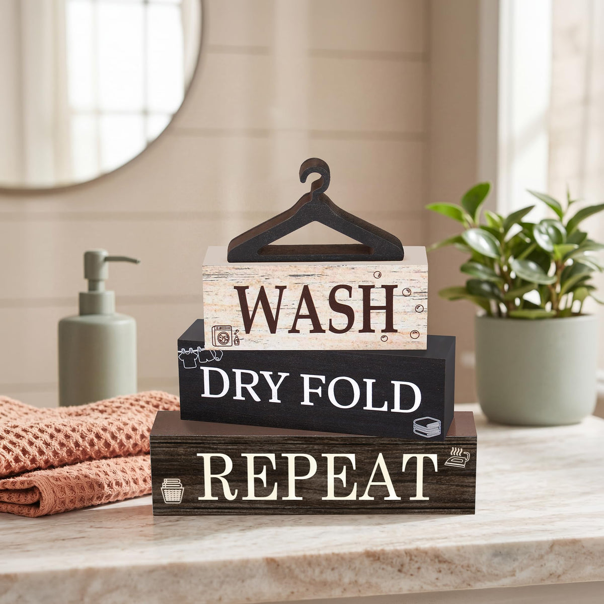 4 Pcs Laundry Wooden Table Decor, Laundry Farmhouse Table Decorations for Home Office