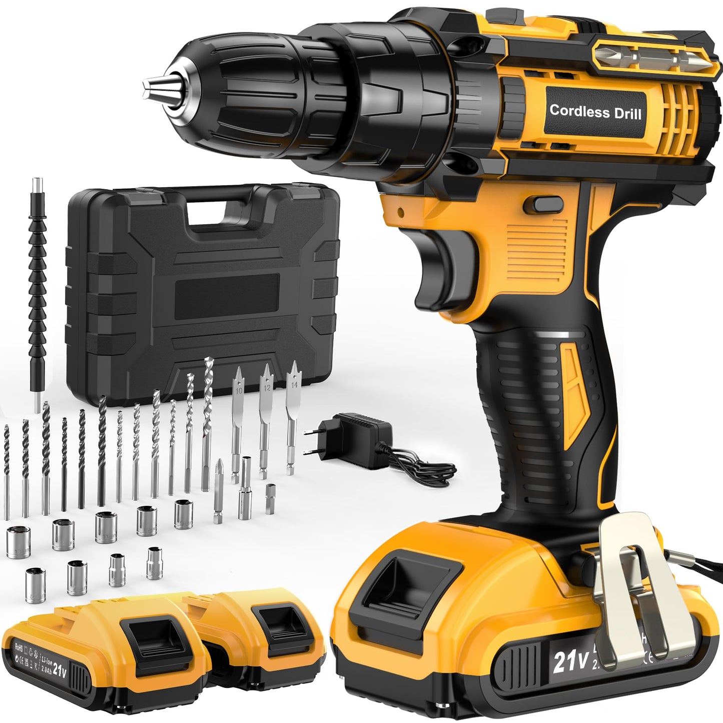 JYGMPRO Cordless Drill Driver 21V, Hammer Drill with 2 Batteries 2000mAh, 25+3 Torque, 42N.m Max Electric Drill, 30PCS Drill Bits, 2 Speed, LED Light for Home and Garden DIY Project