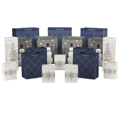 Hallmark Assorted Christmas Gift Bags Bulk - Snowflake, Tree, Snowman, Plaid (18 Gift Bags: 5 Small 5", 4 Medium 8", 4 Large 11", 3 XL 14", 2 Bottle Bags) for Holiday Parties, Hanukkah, Weddings