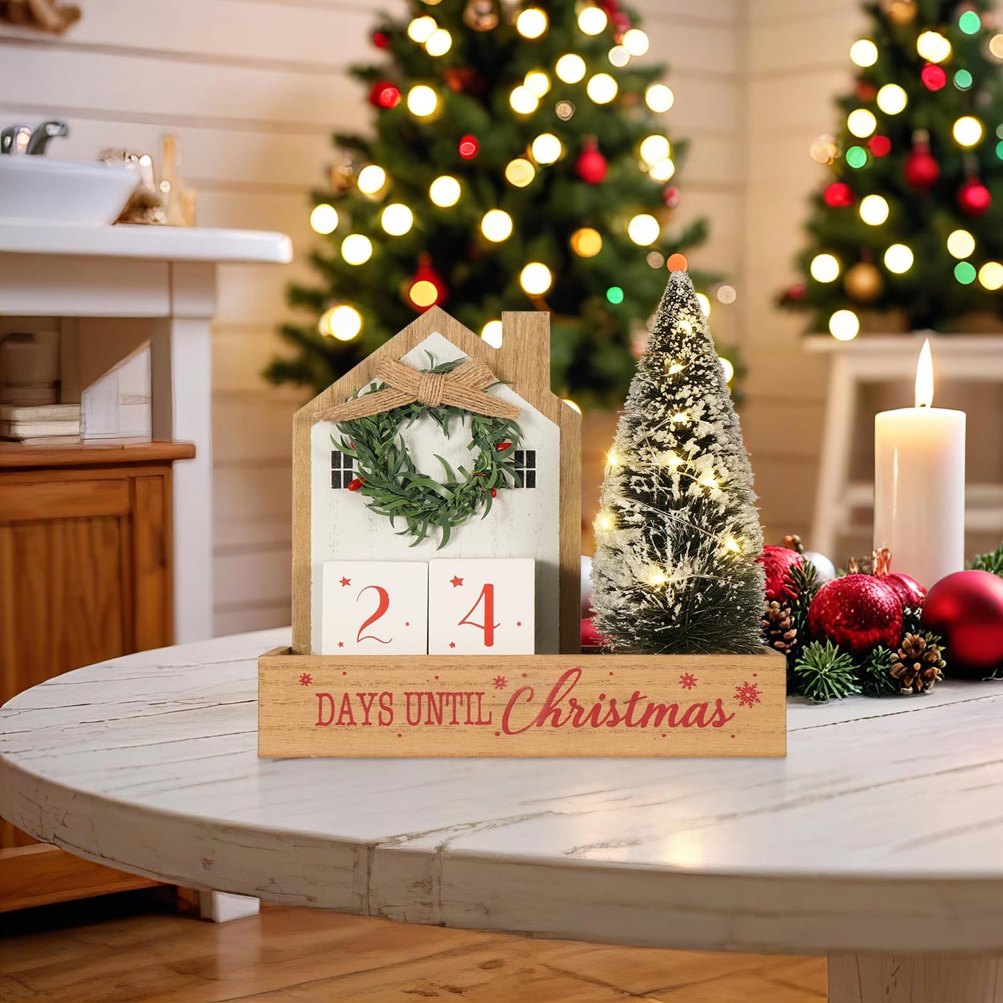 Christmas Tree Countdown Block LED Lighted 99 Days Until Christmas Wreath Calendar Tabletop with Timer Number Date Rustic Wooden Home Decor Holiday Xmas Ornament Desk Decoration Gift
