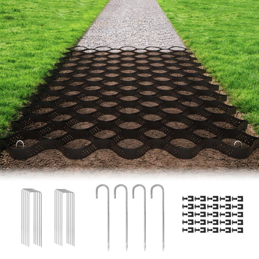 Gravel Grid 2'' Depth with Metal Stakes, 6.6x16.4 FT Geogrid for Gravel Driveway 2200 lbs per Sq FT Erosion Control Ground Grid Gravel Stabilizer Grid for Driveway, Parking Lot, Slope, Walkway, Patio