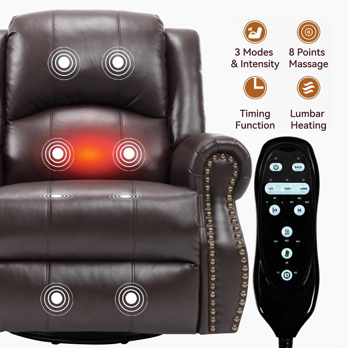 KEIKI Faux Leather Heat Massage Manual Recliner Chair with Square Arms and Cushion Back, for Elderly, Modern Style Oversized Swivel Reclining Sofa Chairs, Easy Assembly, for Living Room, Brown