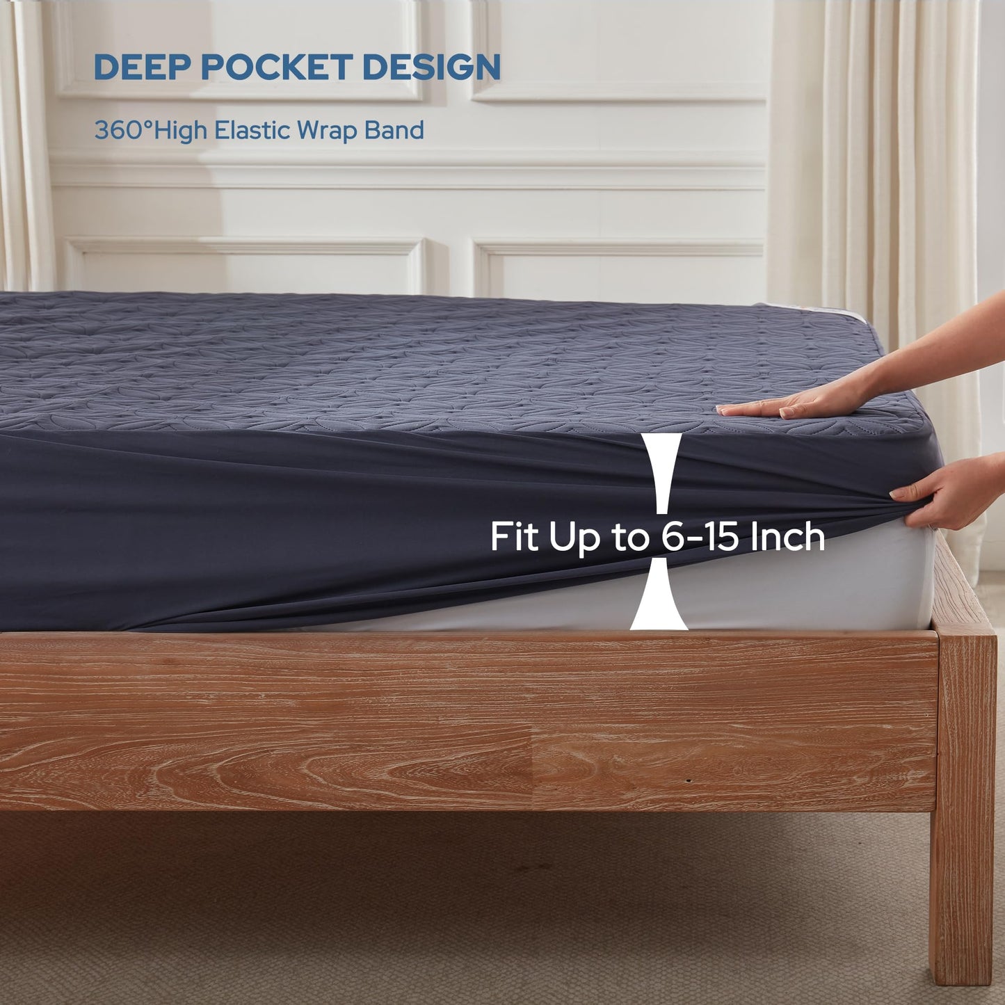 BEDLORE Waterproof Mattress Protector, Twin Size Mattress Pad with Deep Pocket 6"-15" Depth, Soft Dirt-Proof Double Bed Mattress Cover for Bedroom, College Dorm, Hotel (Navy Blue)