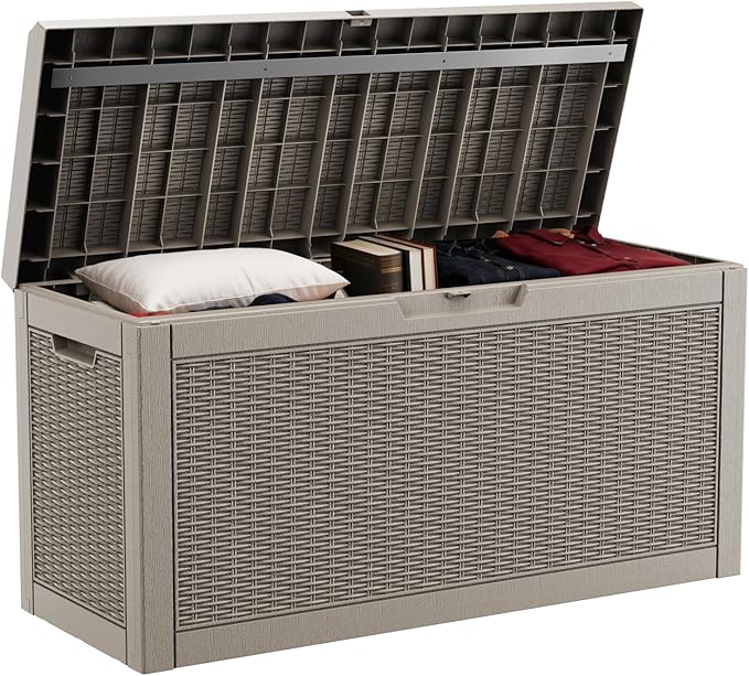DRATO 60 Gallon Deck Box, Waterproof Resin Large Outdoor Storgae Box for Patio Furniture, Patio Cushions, Gardening Tools, Pool Supplies, Lockable（Gray，60 Gallon）