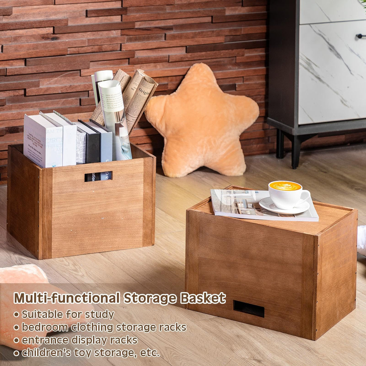 Menkxi 4 Pcs Stackable Wood Storage Cube for Shelves Closet Wooden Bins Box Wood Crates Storage Baskets Container for Toy Books Clothes Home Office, Dark Brown(14 x 10 x 10 Inch)