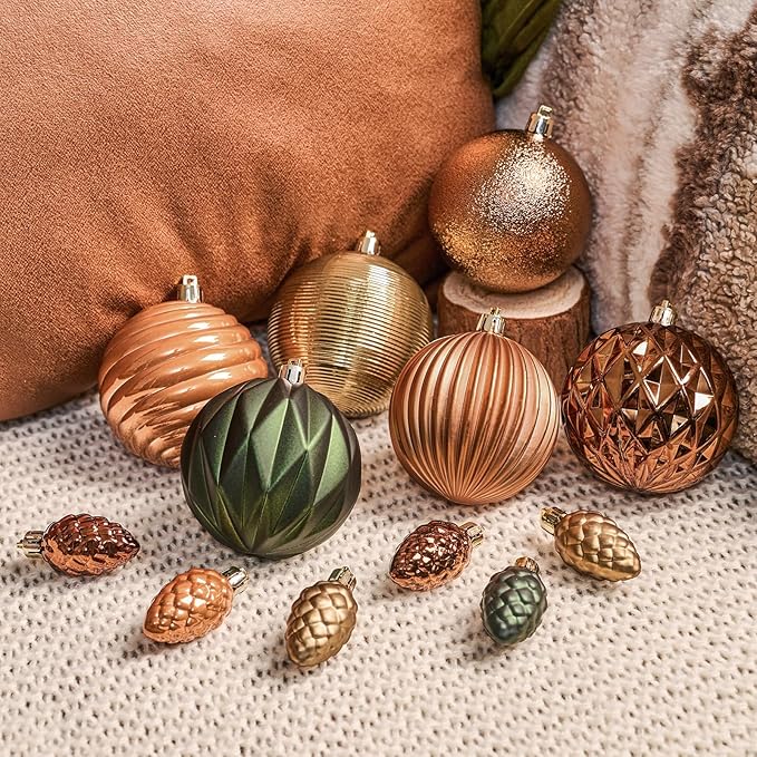 JORNOY Earth Tone Christmas Tree Ornaments - 3.12inch/80mm Shatterproof Ornaments for Christmas Tree Set Plastic Decorative Hanging Balls Ornaments for Xmas Tree Decorations, 32ct (Earth Tone)