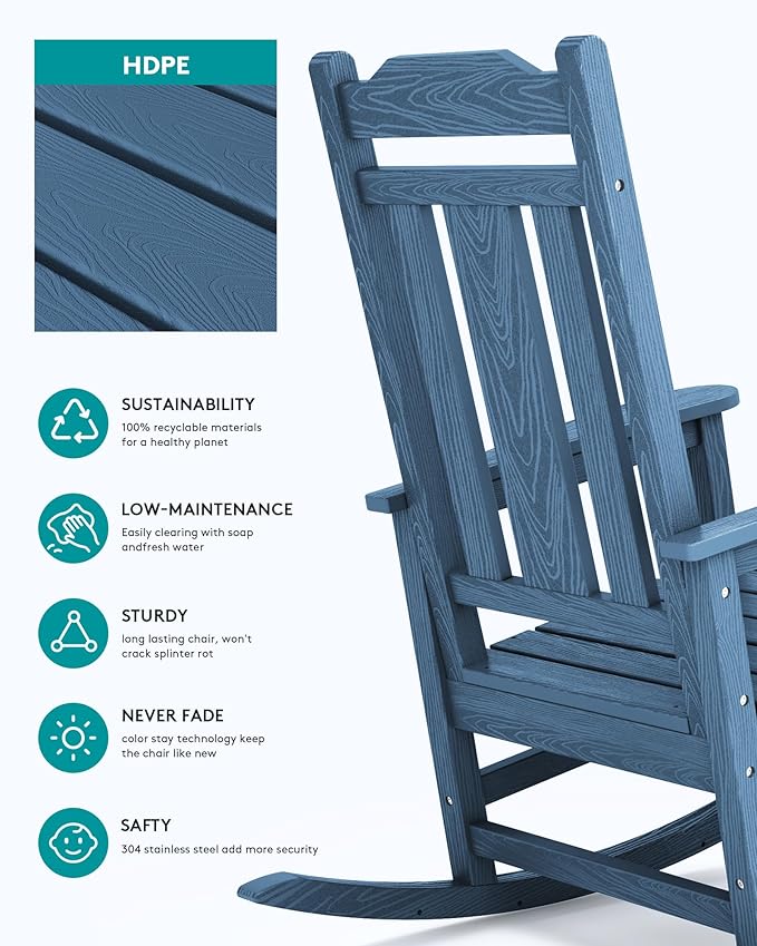 SERWALL Oversized Rocking Chair Set of 4 Outdoor, HDPE Outdoor Rocking Chair Set of 4, Blue