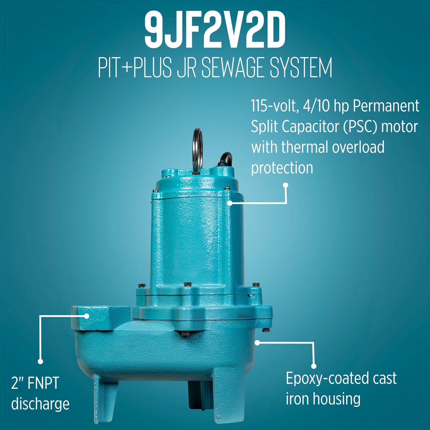 Little Giant 9JF2V2D Pit Plus JR Sewage Basin System with 115-Volt, 4/10 HP, 6000 GPH 9SC-CIM Sewage Pump, Float Switch with 20-Ft. Cord, 2-inch Vent, 2-inch Discharge, Green/Blue/Black, 509673