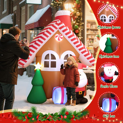 7 FT Christmas Inflatable Candy House with Santa Claus, Tree & Gift Box, Built-in LED Lights, Outdoor Blow Up Yard Decoration for Holiday Lawn Garden Party