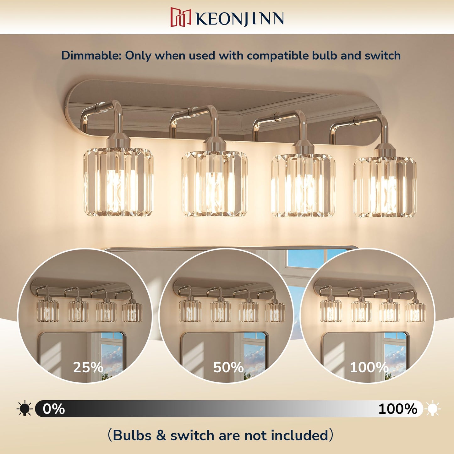 Keonjinn 5-Light Bathroom Light Fixtures, Crystal Chrome Bathroom Vanity Lights Over Mirror, Vanity Lighting Fixtures with Crystal Square Shades (E26 Socket, Exclude Bulb)