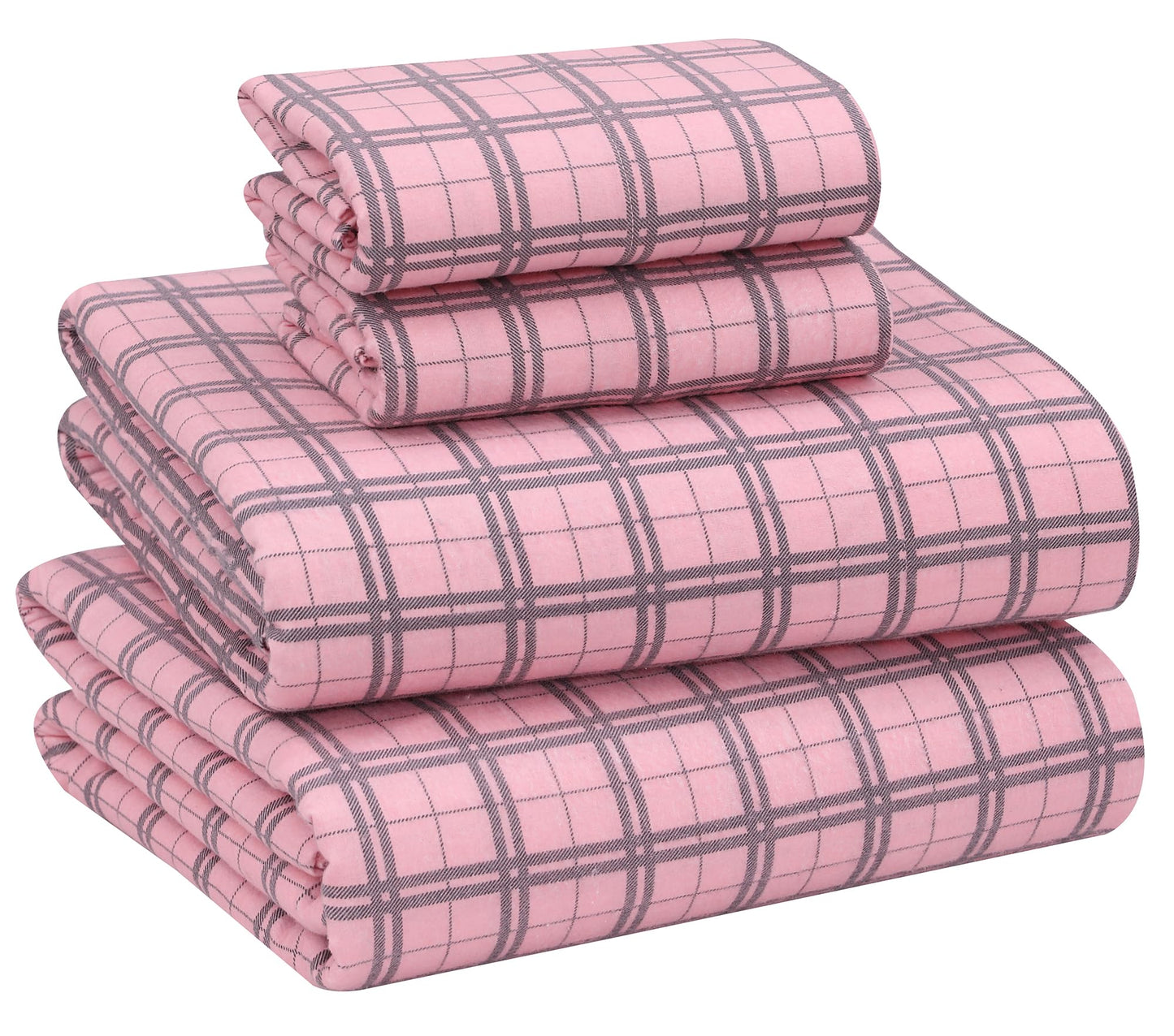 RUVANTI Flannel Sheets Queen Size - 100% Cotton Double Brushed Bed Sheets, Deep Pockets 16 Inches Queen Sheet Set, All Seasons Breathable & Extra Soft - Warm & Cozy, 4 Piece, Check & Bolt Pink