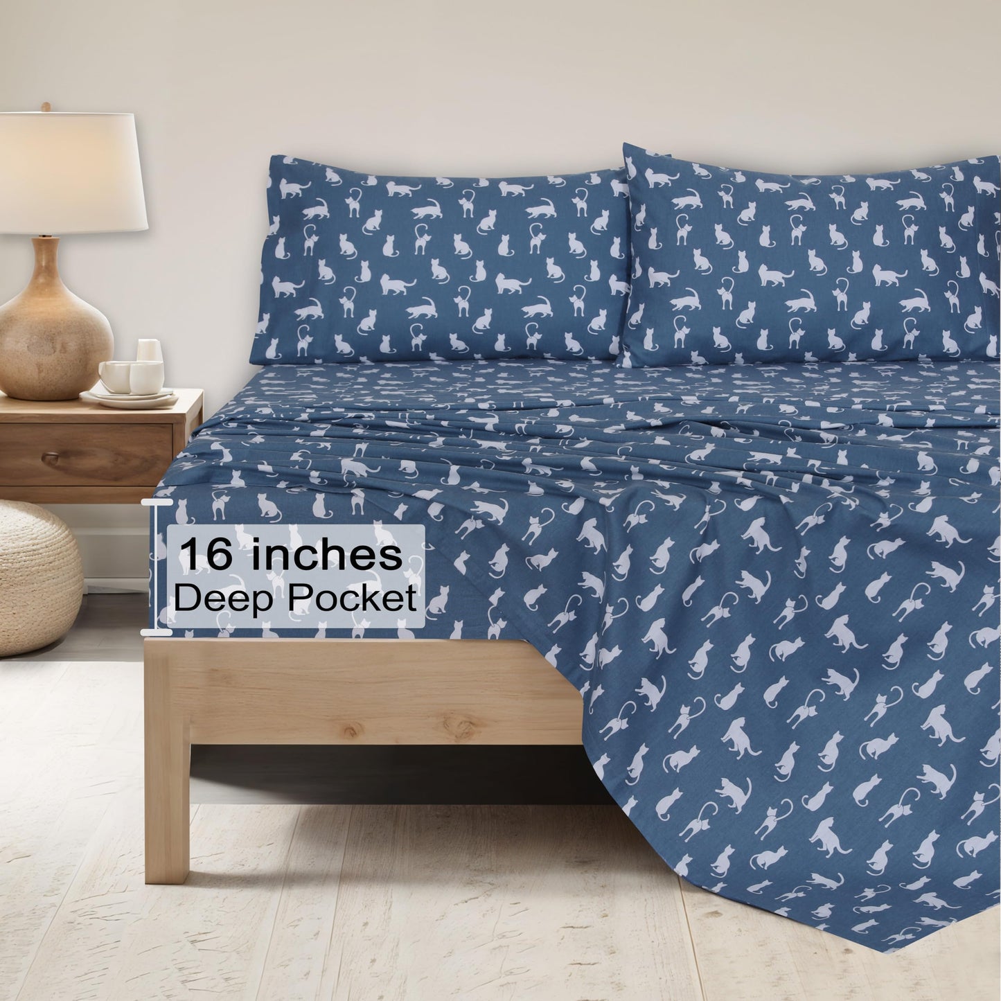 ZOYER Flannel Sheets Queen Size - 100% Cotton Double Brushed Bed Sheets, Deep Pockets 16 Inches Queen Sheet Set, All Seasons Breathable & Extra Soft - Warm & Cozy, 4 Piece, White Cat