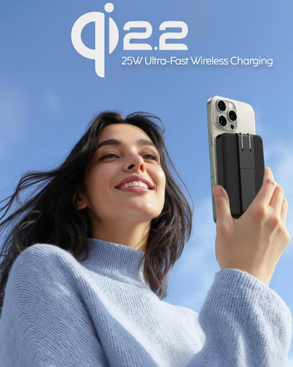 myCharge CliqLuxe+ Magnetic Wireless Power Bank 10,000mAh | iPhone & MagSafe Compatible | Qi2.2 25W Mag Safe Portable Charger | Built-in Wall Plug & Stand | 20W PD USB-C Port | Premium Black Fabric