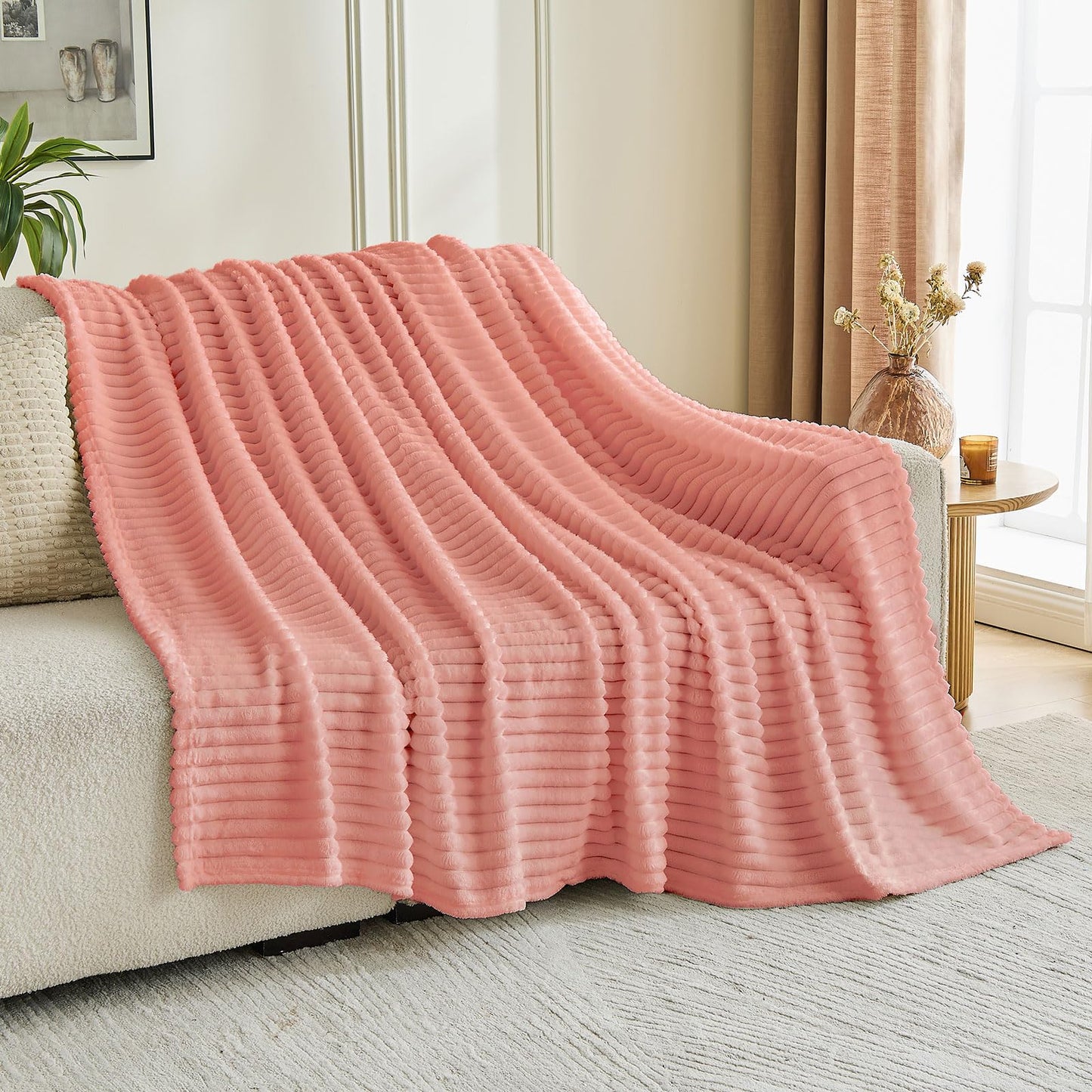 CHERAISA Throw Blanket for Couch - Flannel Fleece 3D Striped Ribbed Bed Blanket.Super Soft Blankets for Women Girls,Teacher Gifts Birthday Gifts Room Home Dorm Decor (Light Pink, Twin(60"x80"))