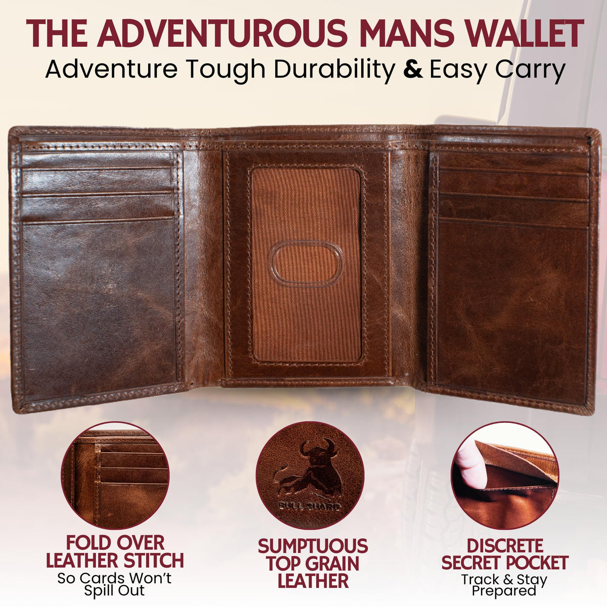 BULL GUARD Best Leather Men's RFID Trifold Wallet With ID Great Outdoor Wallet Durable Top Grain Leather Forest Brown, Double Cash Comparment with Secret Pocket, Compact & Secure Design, In Gift Box