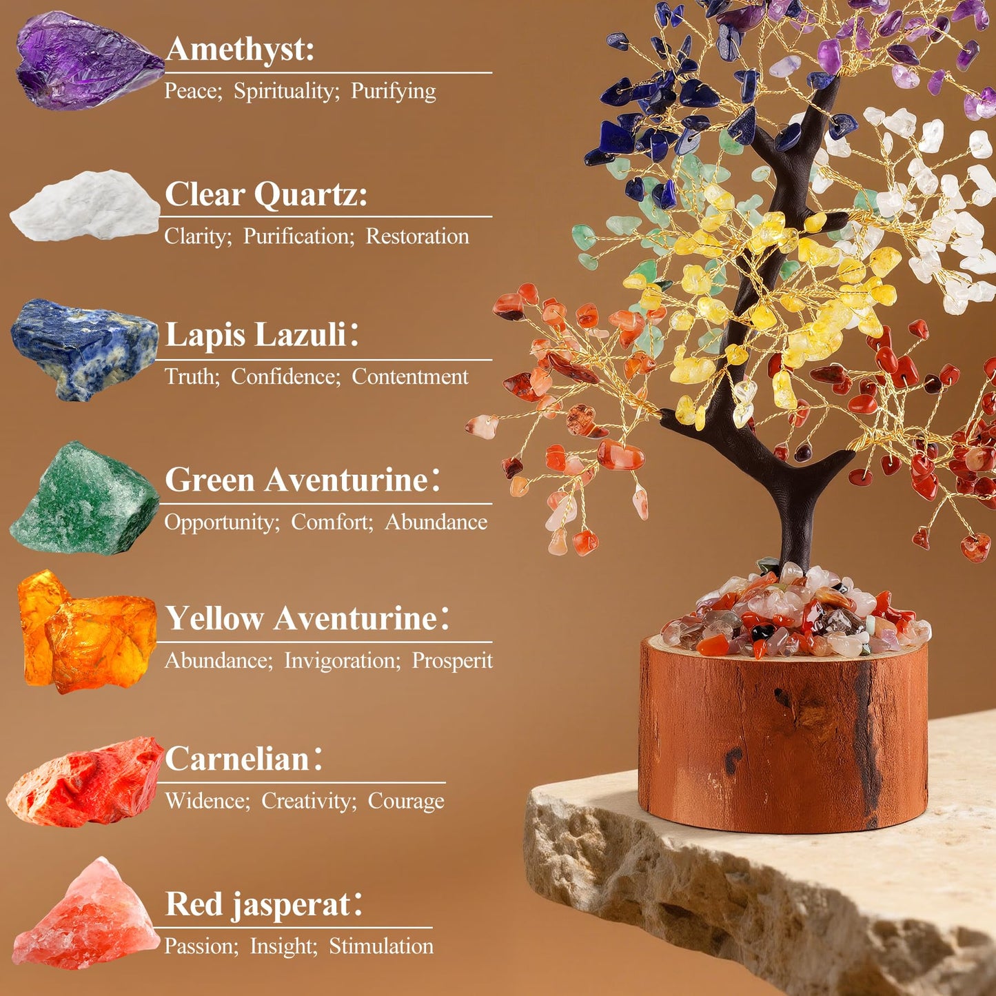 Crystal Tree of Life, Healing Crystal Trees with 280 Beads Chakra Stones, Handmade 7 Chakra Tree for Home Office Desk Crystal Decor, Good Luck Birthday Gifts for Women, Mom