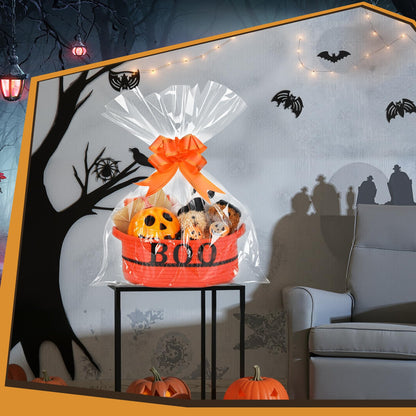 Potchen Halloween Boo Basket Gift with Handles Funny Boo Cotton Rope Basket Empty Trick or Treat Storage Bin with Clear Plastic Bag Ribbon Gift Card Envelope Set for Halloween Celebrations(Orange)
