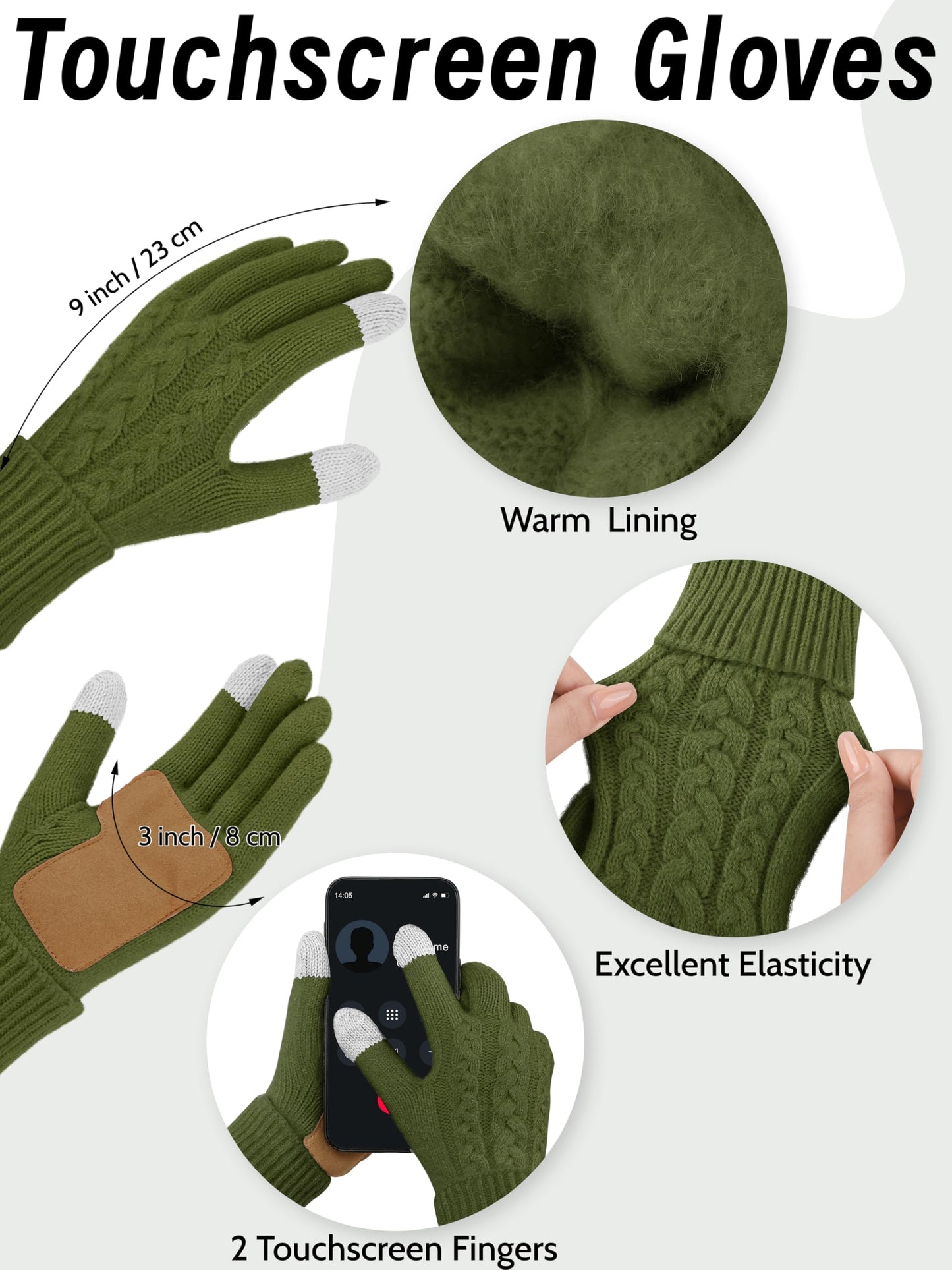 URATOT Women Winter Beanie Hat Scarf Gloves Ear Warmer 4 in 1 Set Beanie Pompom Hat Touchscreen Gloves Long Scarf Ear Warmer Dark Olive