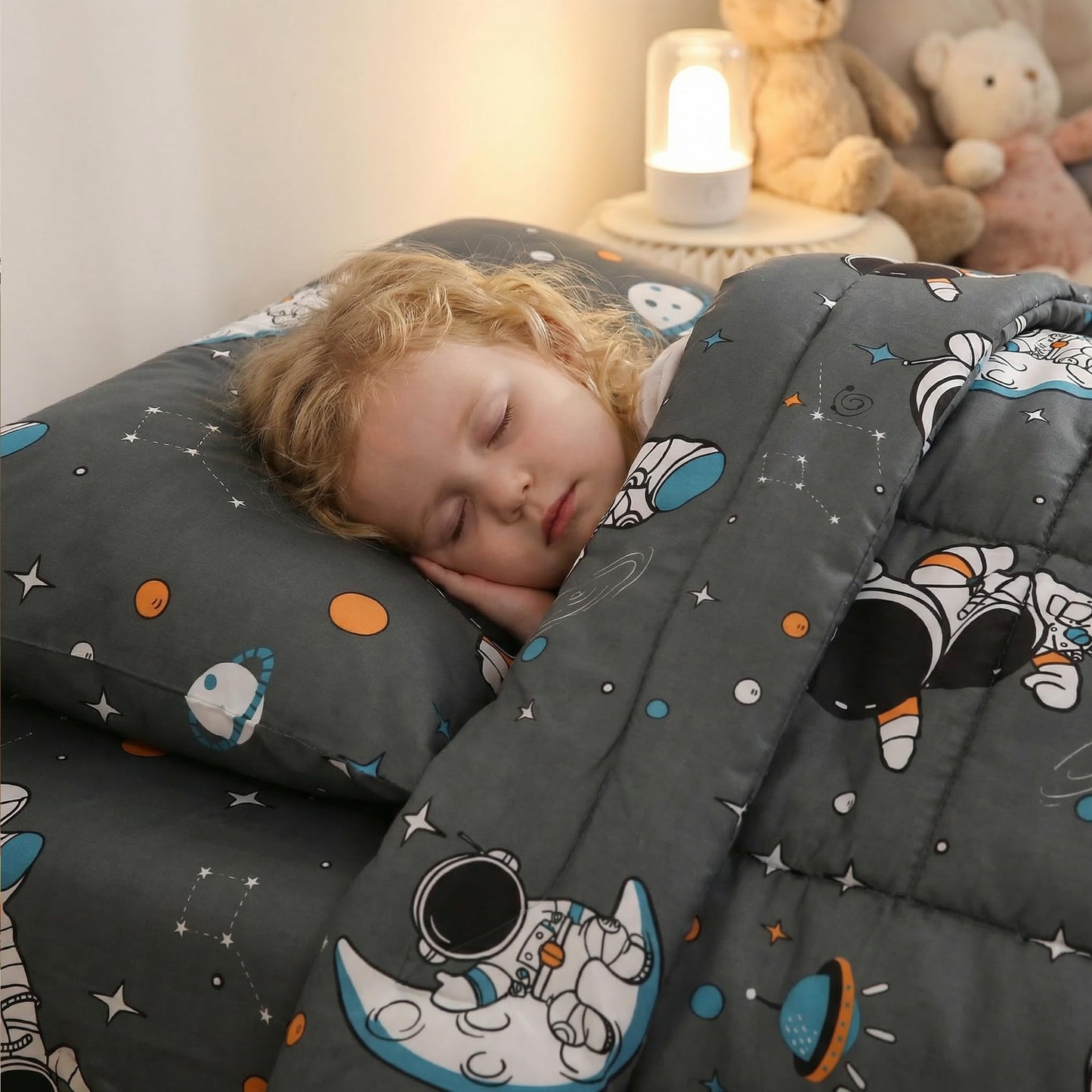 JSD Grey Astronaut Toddler Bedding Set, 4 Piece Space Theme Bed-in-a-Bag Comforter Sheet Set, Machine Washable