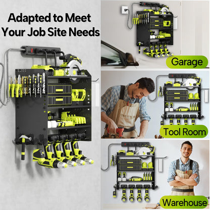 CFMASTER 4 Layer Heavy Duty Power Tool Organizer Wall Mount with Charging Station, Adjustable Metal Storage Rack, 6 Outlets Strip, Drill Holders, Hooks & Drill Bit Rack for Garage, Workshop, Black