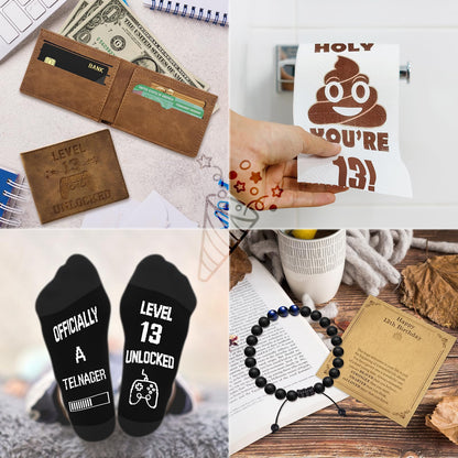 JTAMOHI 8 Pcs Happy 13th Birthday Gifts for Boys, 13 Year Old Boy Birthday Gifts Ideas with 20 Oz Tumbler, Funny Socks, Toilet Paper, Teen Wallet, Bracelet, Keychain for Son, Nephew, Grandson, Brother