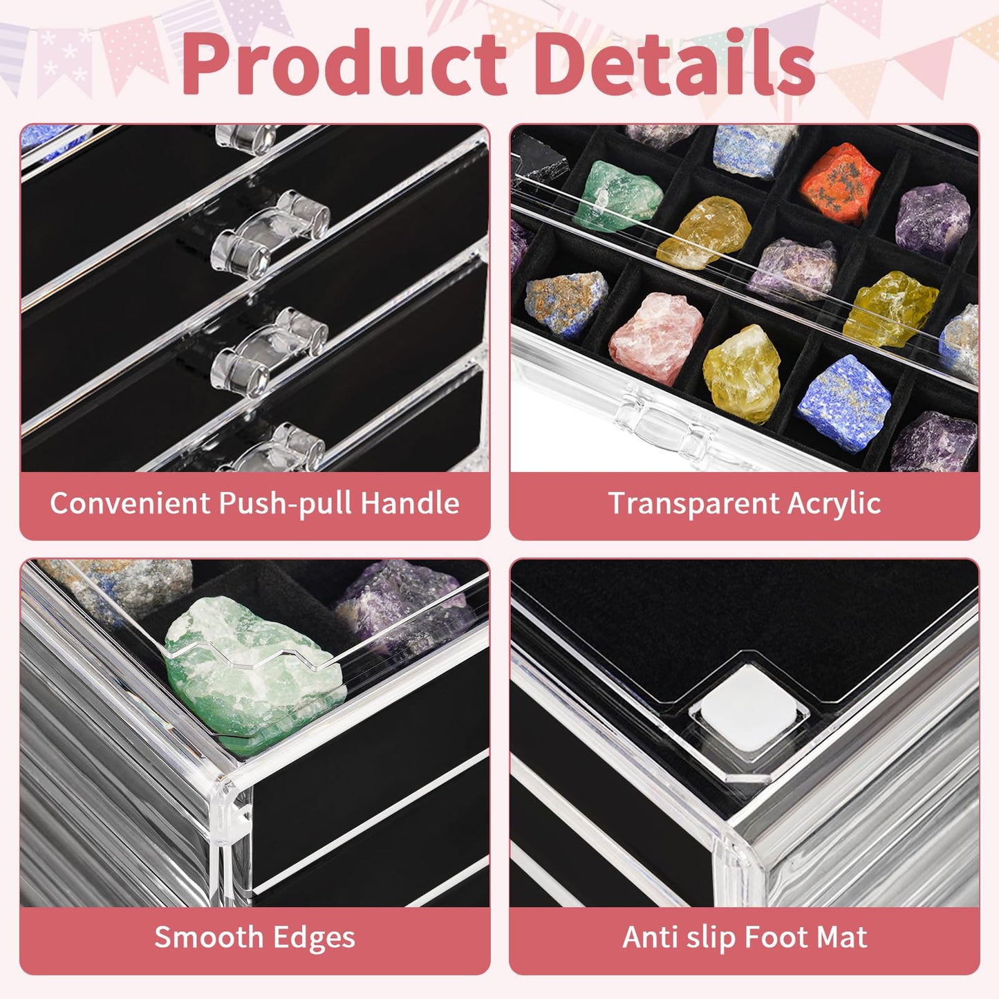 Bfttlity Acrylic Rock Display Case, 108 Grids Rock Collection Box for Kids, Clear Display Cases for Stones Collectibles Gemstone Crystals Storage Boxes (108 Grids)
