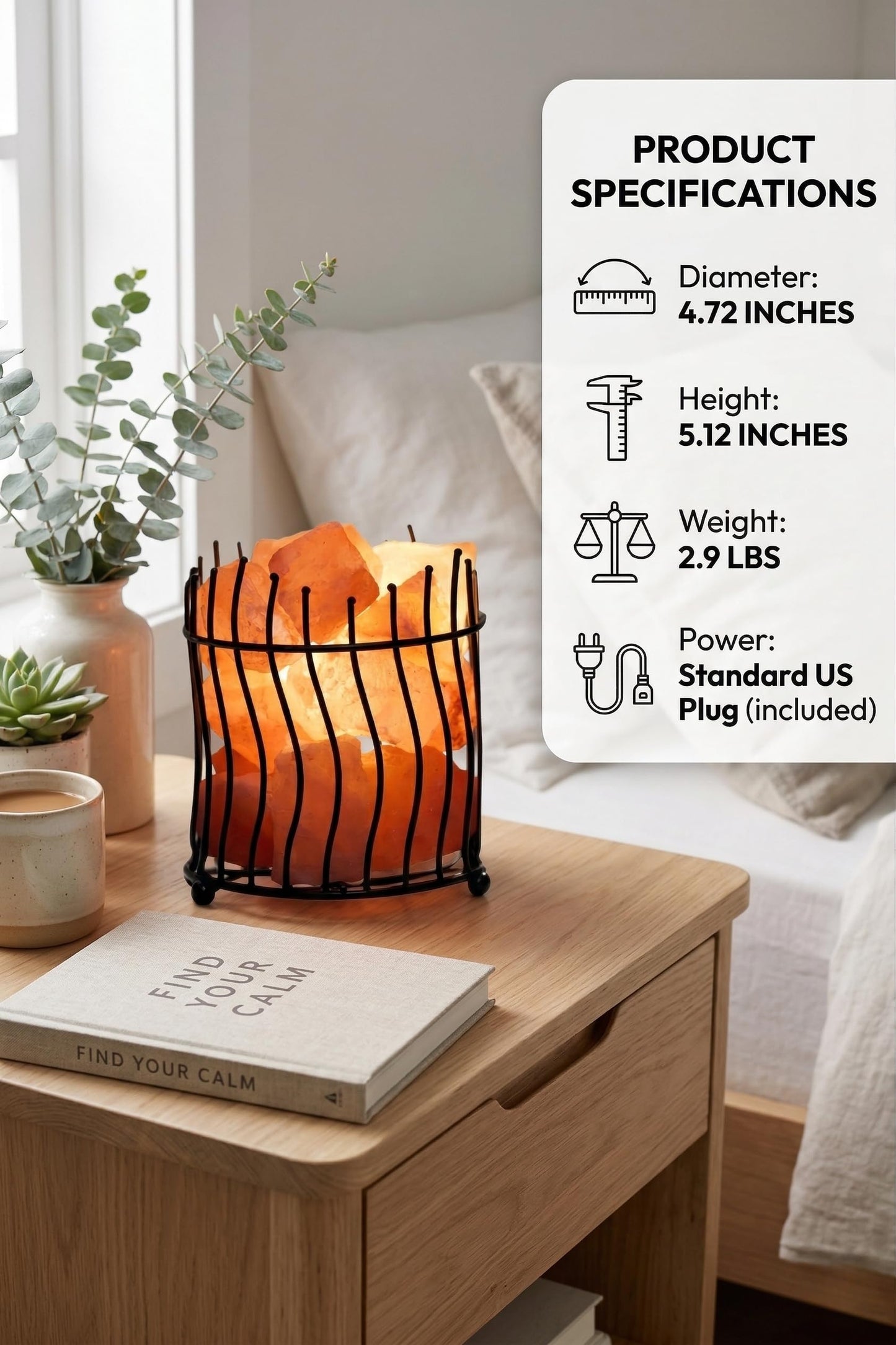 Himalayan Decorative Salt Basket Lamp with Salt Chunks, Natural Pink Salt Rock Lamp, Metal Basket Accent Light with Warm Amber Illumination, Ideal for Home, Offices, Gift (UL & FCC Certified)