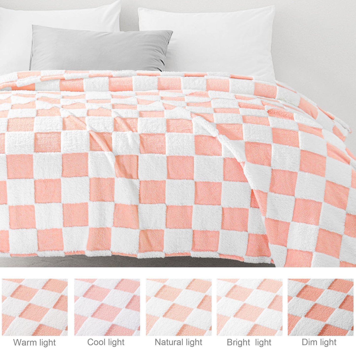 Exclusivo Mezcla Fleece Blanket Twin Size, Cozy Lightweight and Fuzzy Checkered Blankets for Couch or Bed, Suitable for All Seasons, Pink, 60" x 80"