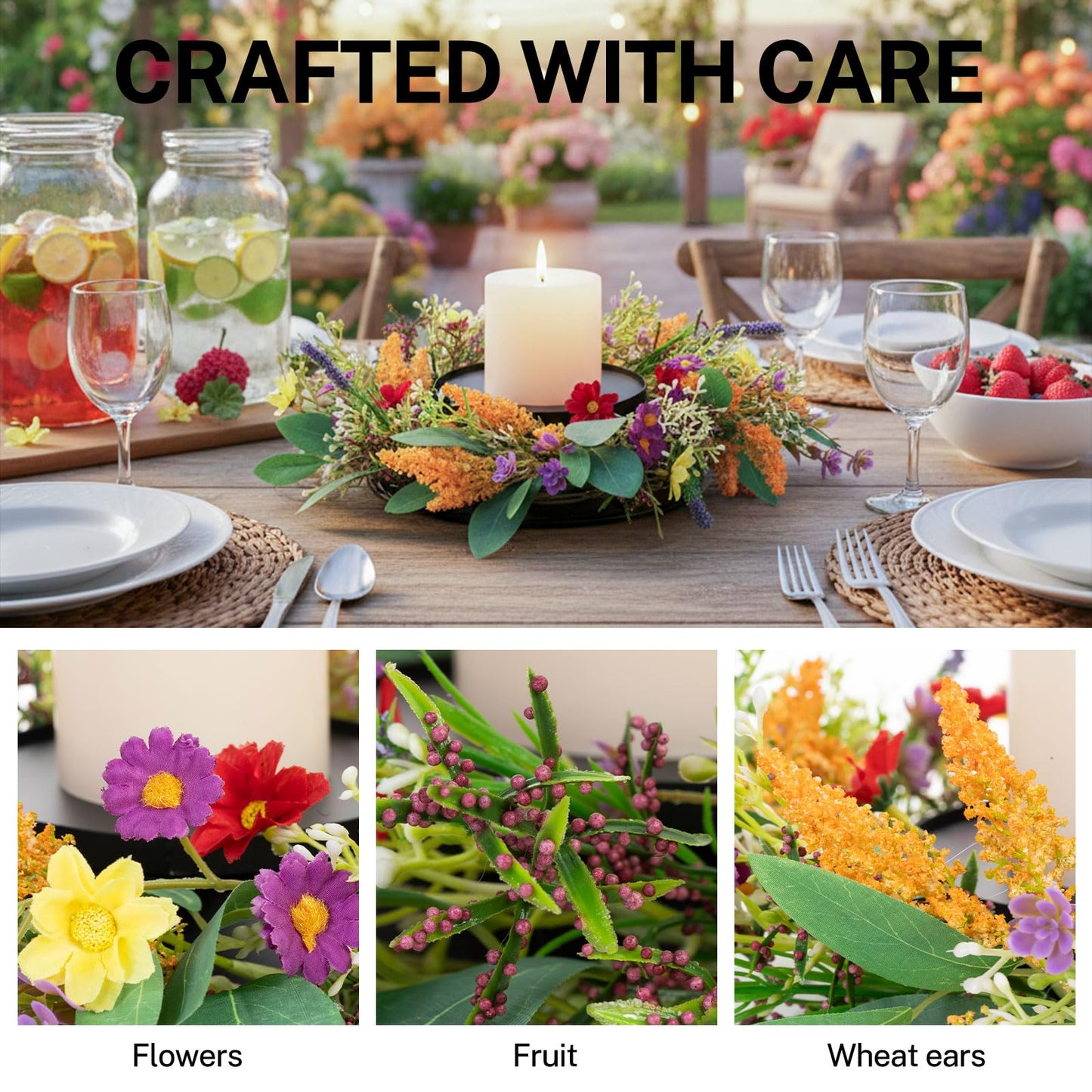 MOYEE Summer Candle Holder Centerpieces for Tables,Candle Ring, Black Metal Candlestick with an Artificial Wreath 14 in Versatile Dining Table Centrepiece(Golden Wheat Ear Wreath)