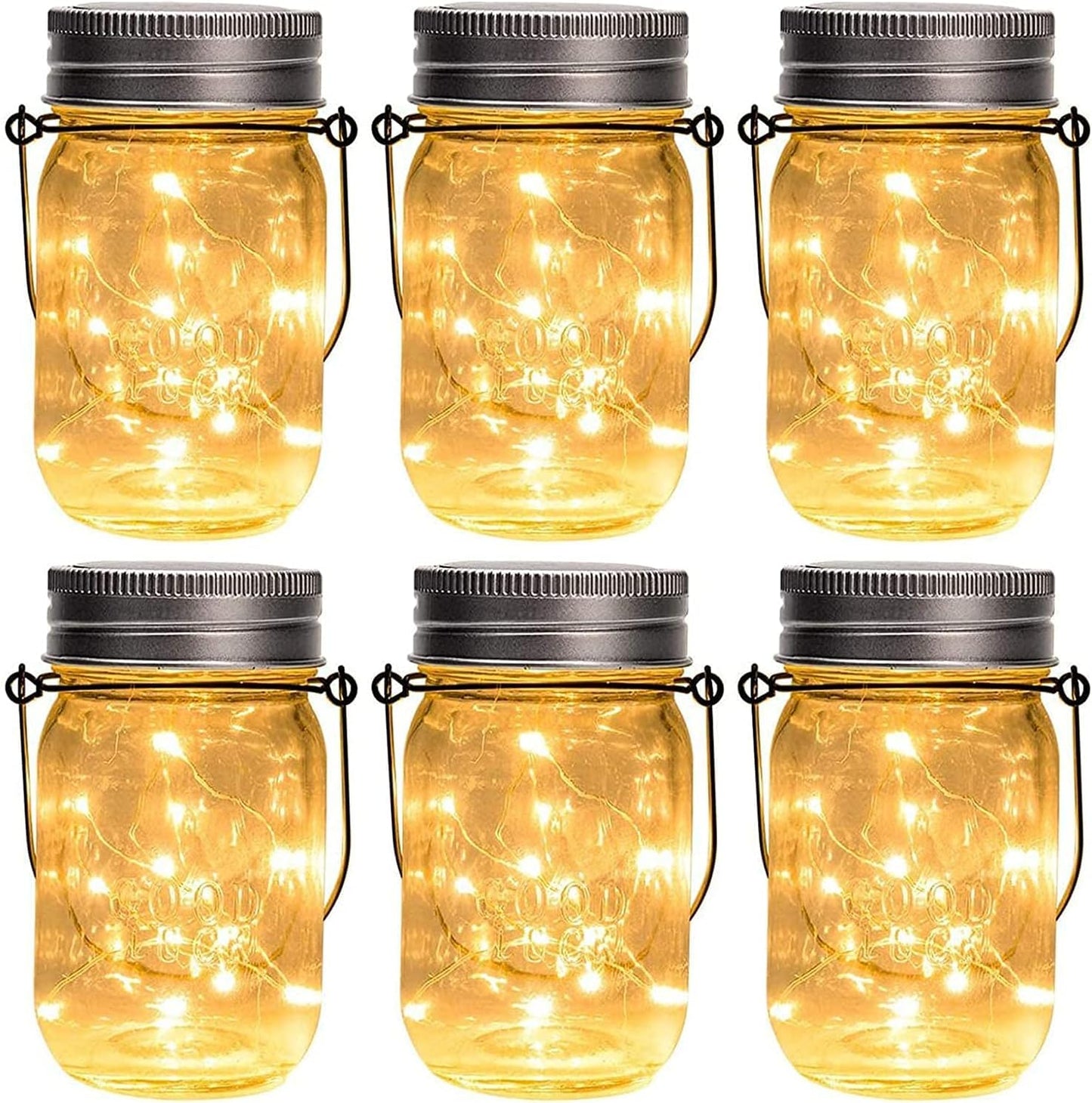 GIGALUMI Hanging Solar Mason Jar Lights, 6 Pack 30 Led Solar Lanterns Outdoor Hanging Lanterns, 6 Hangers and Jars Included. Great Outdoor Lawn Decorate for Patio Garden, Yard and Lawn