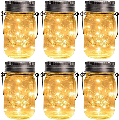 GIGALUMI Hanging Solar Mason Jar Lights, 6 Pack 30 Led Solar Lanterns Outdoor Hanging Lanterns, 6 Hangers and Jars Included. Great Outdoor Lawn Decorate for Patio Garden, Yard and Lawn