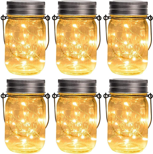 GIGALUMI Hanging Solar Mason Jar Lights, 6 Pack 30 Led Solar Lanterns Outdoor Hanging Lanterns, 6 Hangers and Jars Included. Great Outdoor Lawn Decorate for Patio Garden, Yard and Lawn
