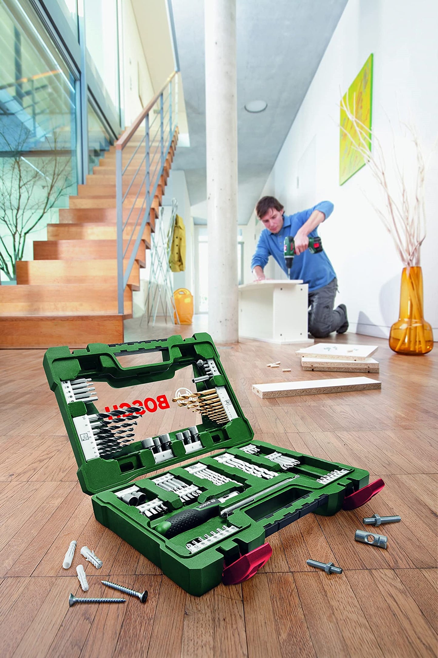 Bosch 2607017195 91-Piece Titanium Drill and Screwdriver Bit Set, V-Line (for Wood, Masonry and Metal, Including Ratchet Screwdriver and Magnetic Rod, Accessories for Drills and Screwdrivers), Green
